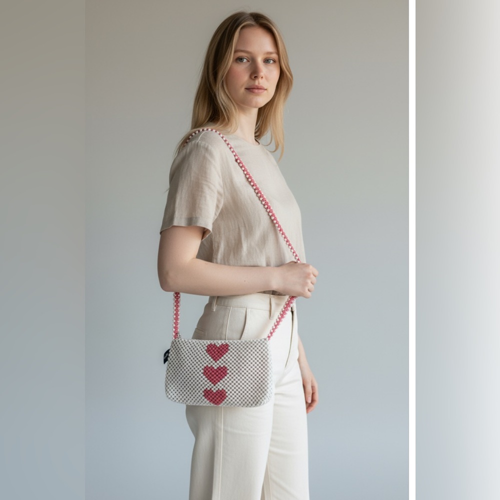 Isaac Mizrahi White and Pink Heart Beaded Crossbody Bag